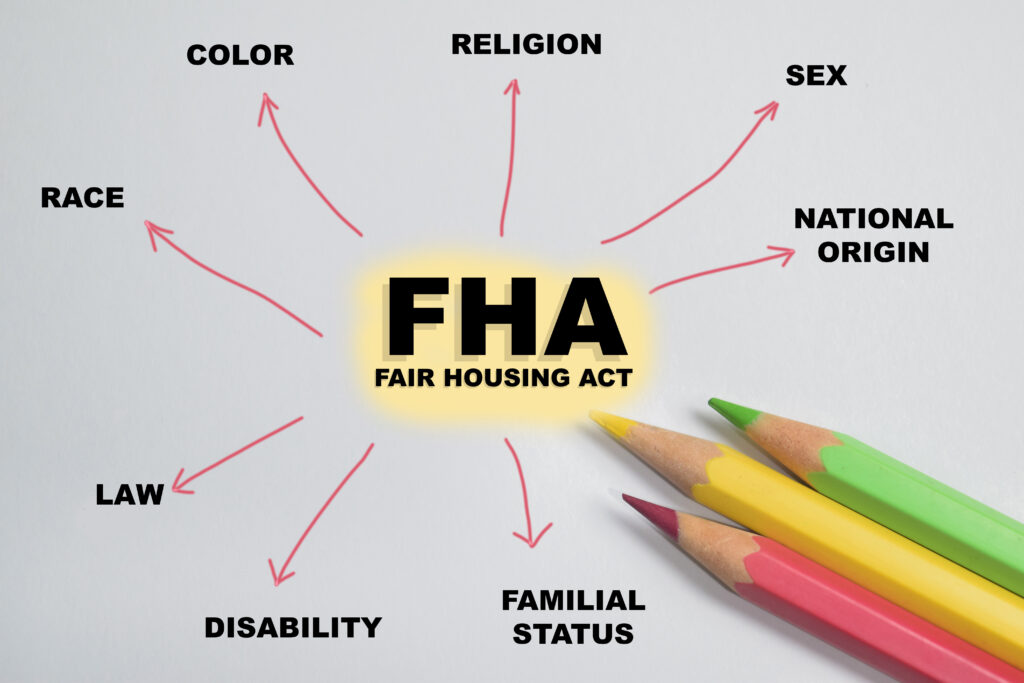 Concept of mind map FHA - Fair Housing Act write on book isolated on Wooden Table