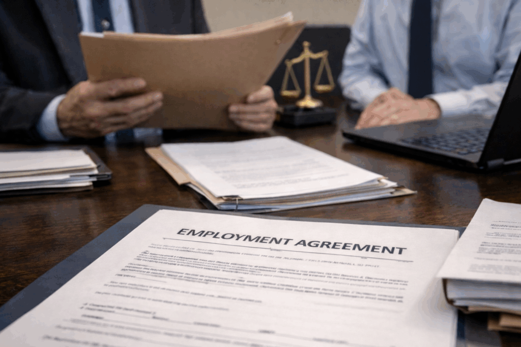 employment agreement with law professionals in the background drafting concept employment agreement with law professionals in the background drafting concept